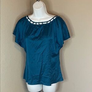 White House Black Market Blue Blouse with Beaded Neckline